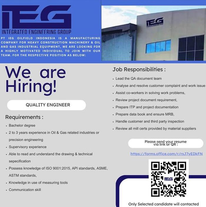 Lowongan Kerja Quality Engineer di PT IEG Oilfield Indonesia Batam