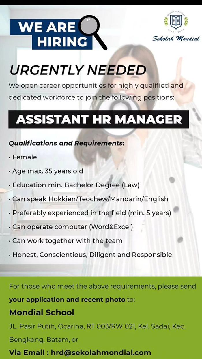 Lowongan Kerja Sekolah Mondial untuk posisi Assistant HR Manager