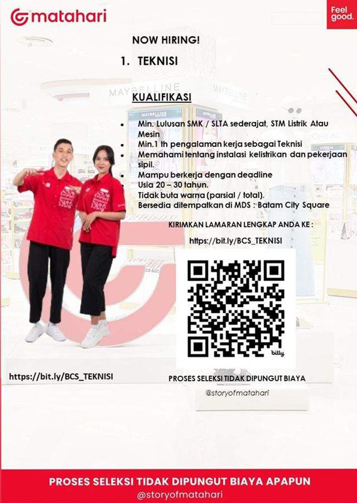 Lowongan Kerja di Matahari BCS Mall untuk posisi teknisi, Selasa (3/9/2024)