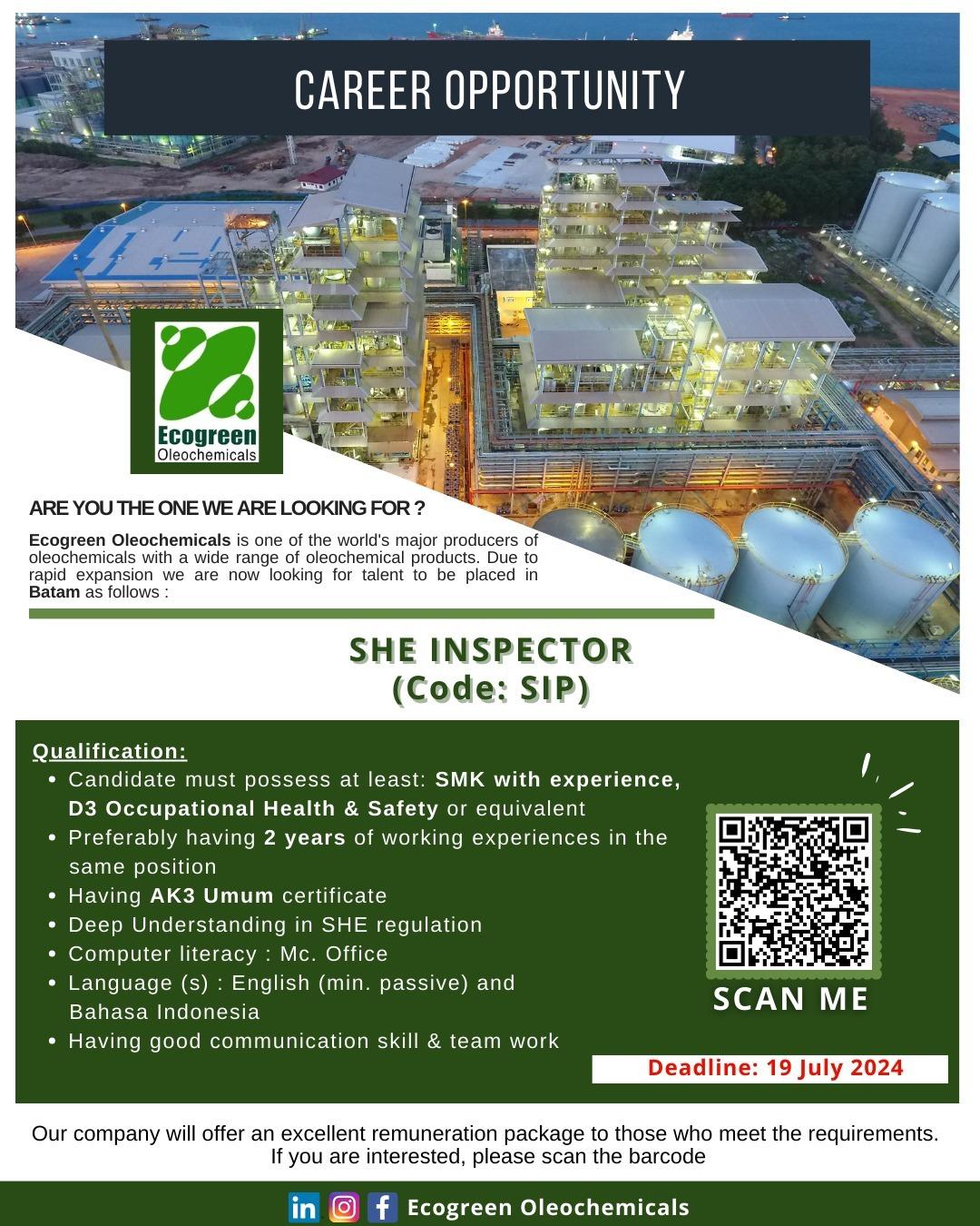 PT Ecogreen Oleochemicals Batam buka lowongan kerja posisi SHE ISPECTOR