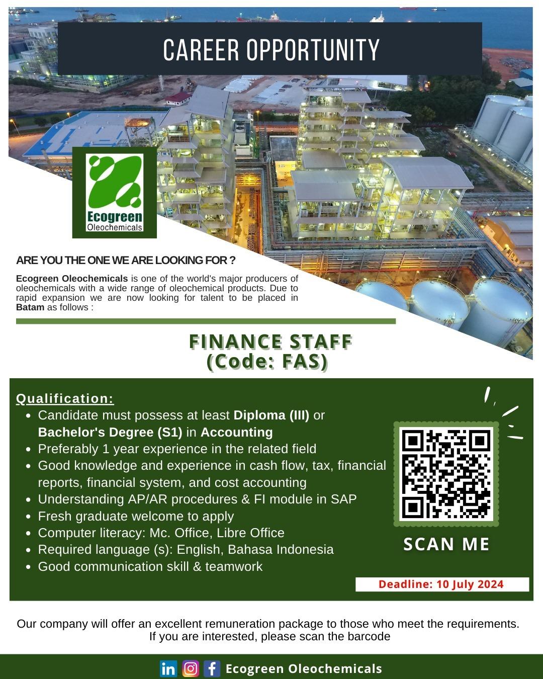 PT Ecogreen Oleochemicals Batam membuka lowongan Finance Staff