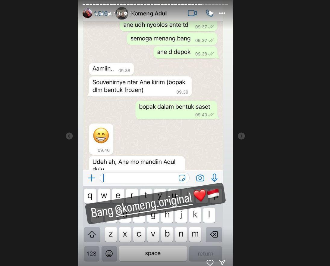Tangkapan layar yang dibagikan Raffi Ahmad saat kirim pesan WA kepada Komeng, Rabu (14/2/2024).