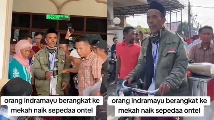 DIIRINGI WARGA - Pria lansia bernama Katori, warga Desa Segeran, Kecamatan Juntinyuat, Kabupaten Indramayu, Jawa Barat pada Kamis (20/2/2025) pergi menuju Mekkah dengan mengayuh sepeda onthel. Kepergiannya diiringi warga
