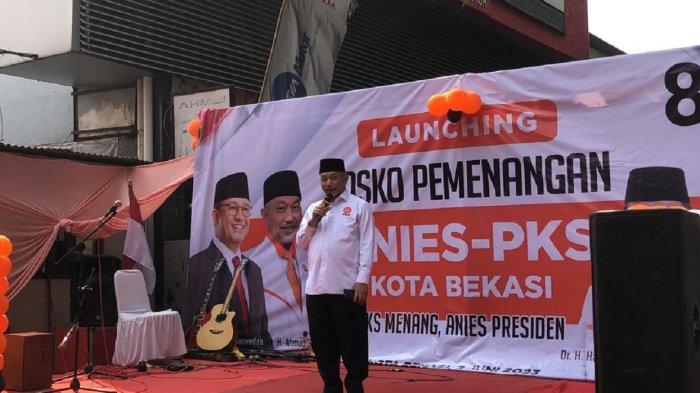 Presiden PKS Ahmad Syaikhu saat melaunching posko pemenangan Anies Baswedan-PKS di Kota Bekasi, Sabtu (3/6/2023)