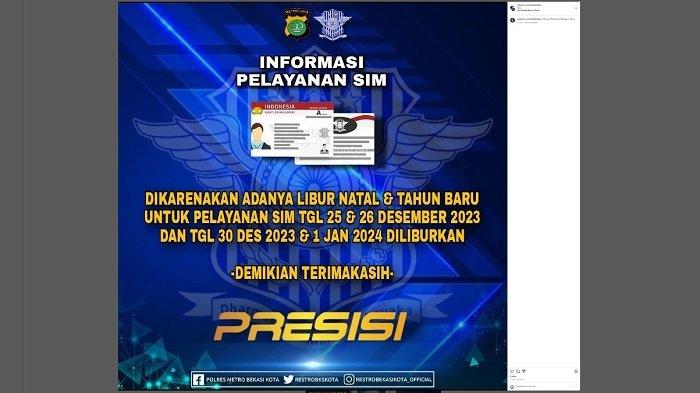 Pada saat cuti bersama libur Natal 2023 dan Tahun Baru 2024, Pelayanan SIM Polres Metro Bekasi Kota, Pelayanan SIM Mall BTC2, dan SIM Keliling diliburkan. Perpanjangan SIM bisa dilakukan pada tanggal 27 sampai dengan 28 Desember 2023, dan tanggal 2 sampai dengan 3 Januari 2024.