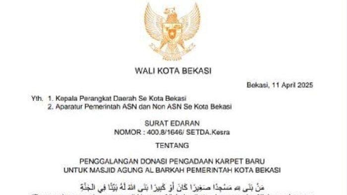 Imbauan seluruh aparatur sipil negara (ASN) dan non ASN berdonasi untuk pengadaan karpet baru di Masjid Agung Al Barkah, Kelurahan Marga Jaya, Kecamatan Bekasi Selatan. Imbauan tersebut tertulis melalui Surat Edaran Nomor:400.8/1646/Setda.Kesra tentang Penggalangan Donasi Pengadaan Karpet Baru untuk Masjid Agung Al Barkah Pemerintah Kota Bekasi yang ditandatangani pada Jumat (11/4/2025).
