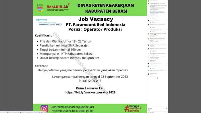 Tangkap layar tampilan akun instagram @informasipasarkerjakabbekasi, terkait Lowongan Kerja Bekasi yang ditawarkan PT Paramount Bed Indonesia.
