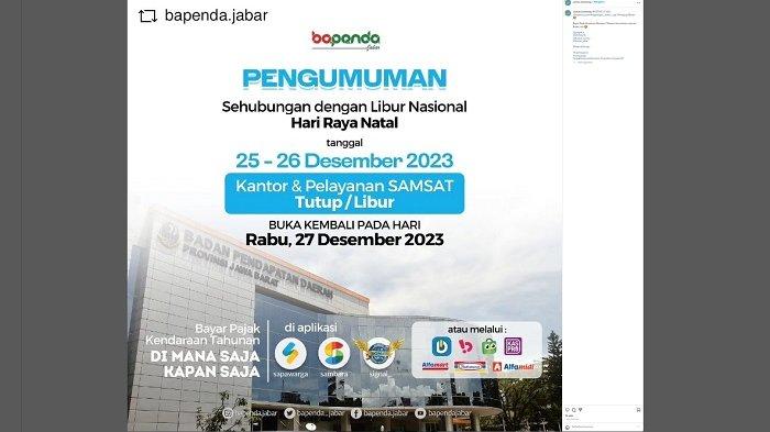 Dalam rangka libur nasional Natal dan Tahun Baru, pelayanan Samsat di Kabupaten Karawang tutup sementara, layanan kembali buka pada 27 Desember 2023, dan 2 Januari 2024.