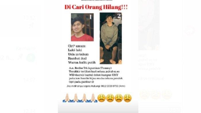 Pengumuman pencarian Redho Tri Agustian mahasiswa asal Pangkalpinang, Provinsi Kepulauan Bangka Belitung ( Babel ).