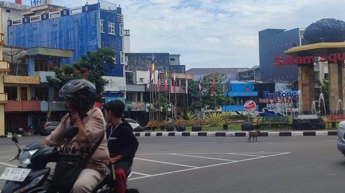Anjing liar berkeliaran di tengah Kota Tanjungpandan, Belitung, Rabu (2/8/2023).