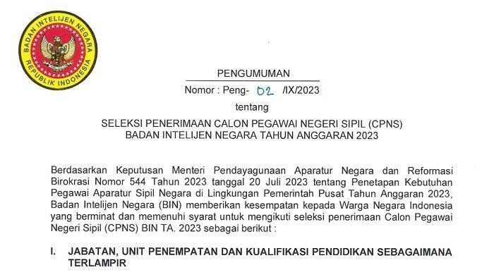 Surat Pengumuman BIN Nomor Peng-02/IX/2023.