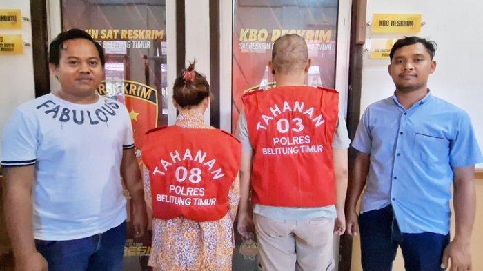 Sepasang kekasih pelaku perusakan ATM di Kelapa Kampit, Belitung Timur, diamankan petugas, Kamis (9/11/2023).