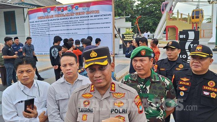 Kapolres Bangka Selatan, AKBP Trihanto Nugroho, saat diwawancara awak media usai deklarasi penolakan geng motor, Kamis (23/1/2025).