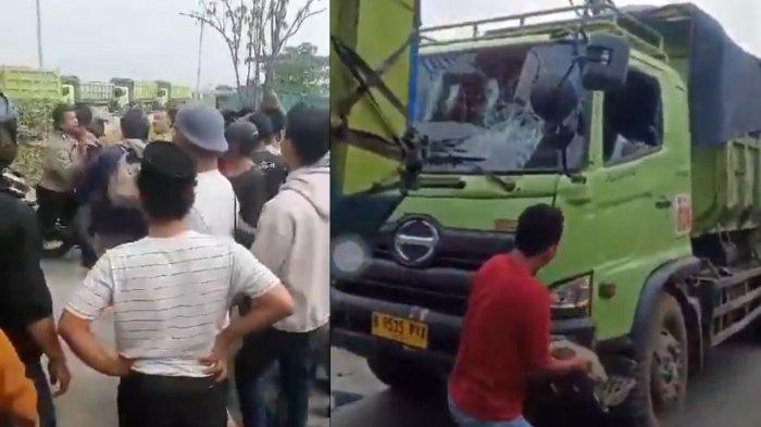 Belasan truk yang melintas di Teluknaga, Kabupaten Tangerang dihadang warga dan dirusak, bahkan dibakar.
