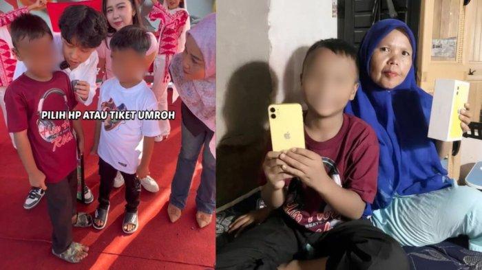 BOCAH DAPAT IPHONE - Kolase foto saat seorang bocah di Bengkulu mendapatkan iPhone dari Willie Salim (kiri) dan saat bersama dengan ibunya (kanan). Seorang bocah di Bengkulu mendadak menjadi sorotan publik dan menuai hujatan dari warganet setelah video dirinya menerima hadiah iPhone dari YouTuber Willie Salim viral di media sosial. 