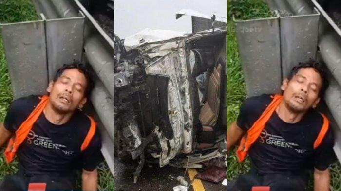 Tangkap layar foto sopir truk syok dan tak bisa bicara di tepi jalan usai tabrakan beruntun tol Cipularang