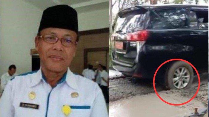 Kolase Kadispora Lubuk Linggau, Purnomo (kiri) dan mobil yang dikendarainya saat melintasi jalan baru di cor (kanan). Fakta-fakta Kadispora Lubuklinggau dihujat hingga ditegur Walikota Gegara lewat jalan Cor basah