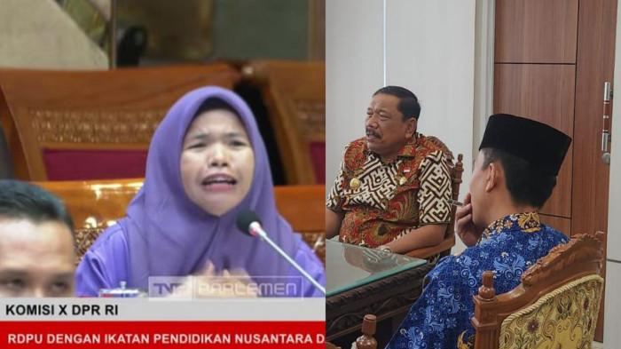 GURU HONORER - Guru honorer asal Bengkulu bernisial R, menangis saat mengadukan nasibnya kepada Komisi X DPR RI dalam RDPU (kiri) dan wakil Gubernur Mian saat rapat dengan Dinas Pendidikan dan Kebudayaan (Disdikbud) serta Inspektorat Provinsi Bengkulu