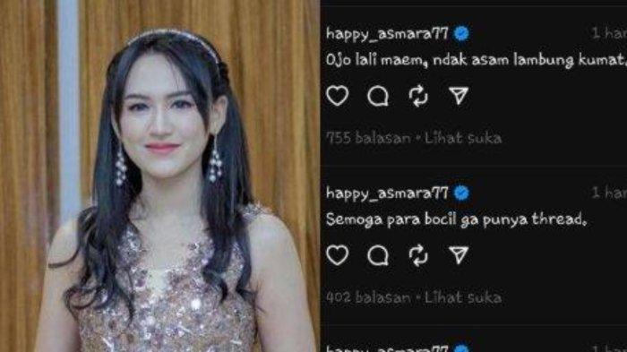 Happy Asmara (kiri) dan Cuitannya (Kanan). Happy Asmara mengkabarkan kondisinya mengalami asam lambung kambuh, usai Denny Caknan dan Bella Bonita resmi melangsungkan pernikahan, pada Jumat (7/7/2023).