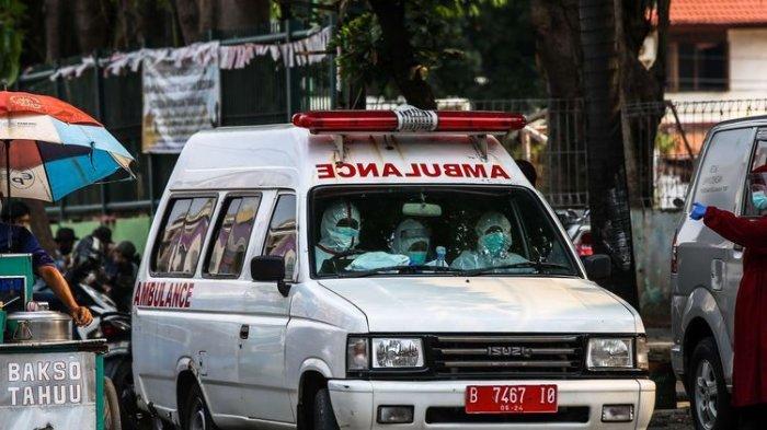 Ilustrasi mobil ambulans di jalan raya.