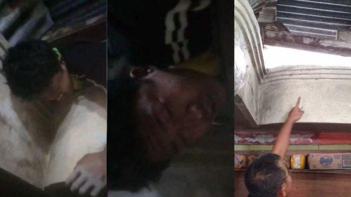 MALING TERJEPIT DI PLAFON - Tangkapan layar Andre, maling di Desa Tebat Monok Kabupaten Kepahiang Provinsi Bengkulu, terjepit berjam-jam saat mencoba memasuki warung manisan milik warga, Rabu (16/4/2025) dini hari.