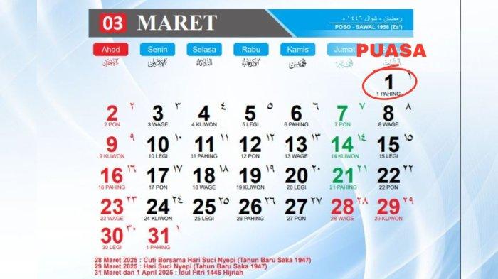 Kalender 2025 Daftar Libur Nasional dan Cuti Bersama di Bulan Maret, 1