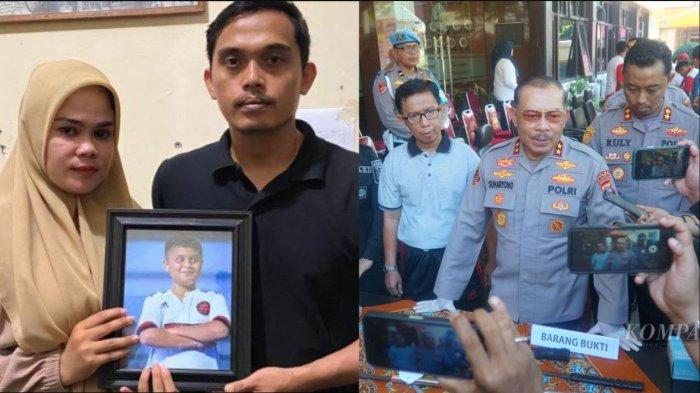 Keluarga Afif Maulana (kini) dan Kepala Kepolisian Daerah Sumatera Barat Inspektur Jenderal Suharyanto (kanan) saat memberikan keterangan pers di Markas Polresta Padang, Sumbar, Minggu (23/6/2024).
