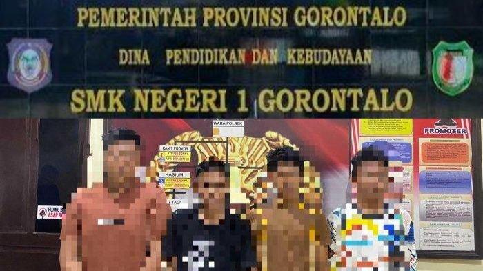Kolase foto sekolah SMKN Gorontalo dan 4 siswa yang diamankan polisi. Kronologi Dugaan Bullying Siswa SMK Gorontalo, Orang Tua Korban Sebut Sang Anak Dipaksa Minum Miras