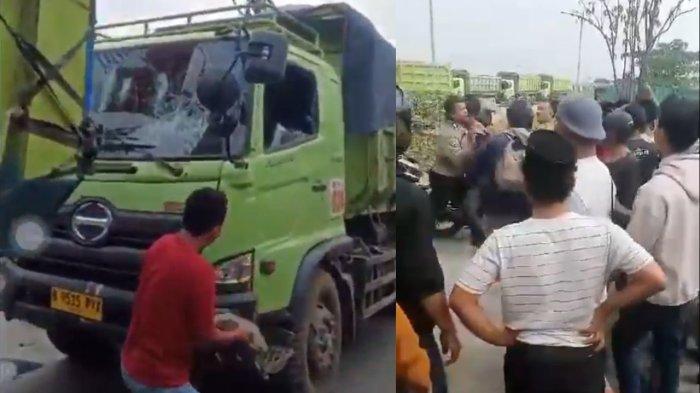 Warga serang belasan truk yang melintas di Jalan Teluknaga, Kabupaten Tangerang pada Kamis (7/11/2024).