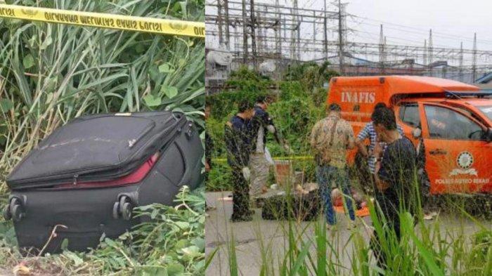 Penampakan koper berwarna hitam yang diduga berisi mayat di semak-semak di kawasan Cikarang, Bekasi, Jawa Barat.