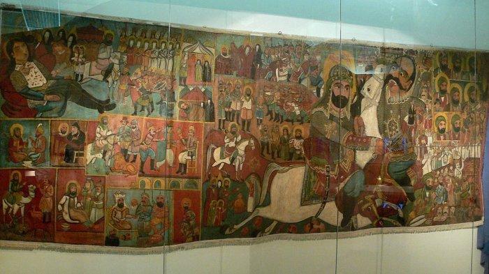 Lukisan Pertempuran Karbala pada tahun 680 M di Iran. Lukisan Iran, cat minyak di atas kanvas, abad ke-19. Dari Tropenmuseum, Amsterdam