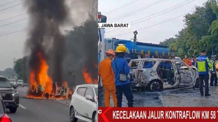 Sejumlah mobil terlibat kecelakaan di KM 58 Tol Jakarta-Cikampek, Karawang, Jawa Barat, Senin (8/4/2024).