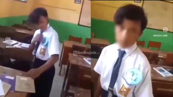Tangkap layar video viral seorang siswa SMP mendebat gurunya ketika ditanya alasan tidak mengerjakan tugas sekolah.