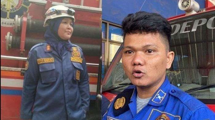 TESY DAN SANDI - Plt Kepala Bidang Pengendalian Operasional Kebakaran dan Penyelamatan, Tesy Haryanti (kiri) dan Sandi Butar Butar, PPPK Damkar Depok (kanan).
