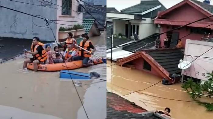 BANJIR DI JABODETABEK - Banjir di Villa Nusa Indah (kanan) dan evakuasi warga korban banjir di Pondok Gede Permai, Bekasi Kota.
