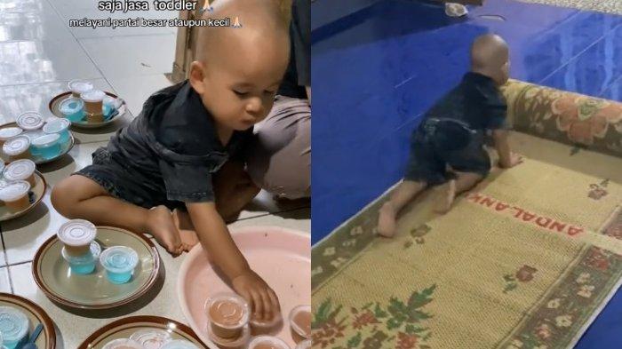 Potret balita cekatan bantu ortu beber karpet dan tata puding ke piring.
