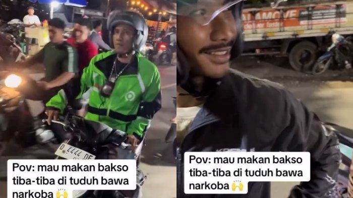 Nampak seorang berjaket hijau milik ojek online menginterogasi perekam, diduga perekam momen tersebut adalah pria yang hendak membeli bakso