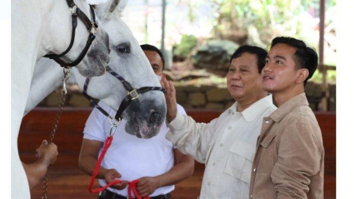 Ketua Umum Partai Gerindra Prabowo Subianto mengajari Wali Kota Solo Gibran Rakabuming Raka berkuda di bukit Hambalang, Desa Bojong Koneng, Kabupaten Bogor , Jawa Barat pada Minggu (18/6/2022).