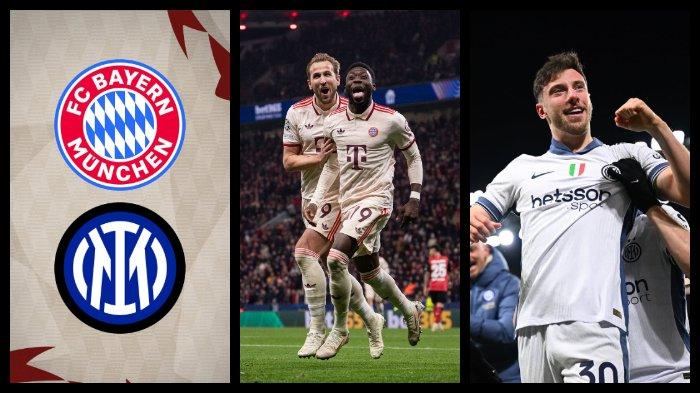 BAYERN VS INTER - Kolase foto: Logo Bayern Munchen vs Inter Milan, Harry Kane dan Alphonso Davies (striker dan bek Bayern Munich), serta Carlos Augusto (bek Inter Milan).