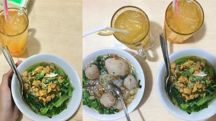 KULINER BOGOR - Menu Bakso Sederhana Cibinong dengan ciri khas kuah kaldu dan tekstur bakso nya yang kenyal sehingga nyaman untuk dimakan. Terdapat satu mangkuk Bakso dan satu mangkuk Mi Ayam lalu dihidangkan dengan es jeruk yang menyegarkan.