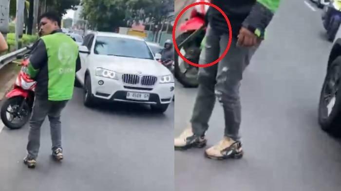 Aksi driver ojek online cekcok dengan pengendara motor lain dan tunjukkan senjata tajam di Cideng, depan Pom Bensin Abdul Muis, Jakarta Pusat, Sabtu (25/01/2025). (X/neVerAl0nely)