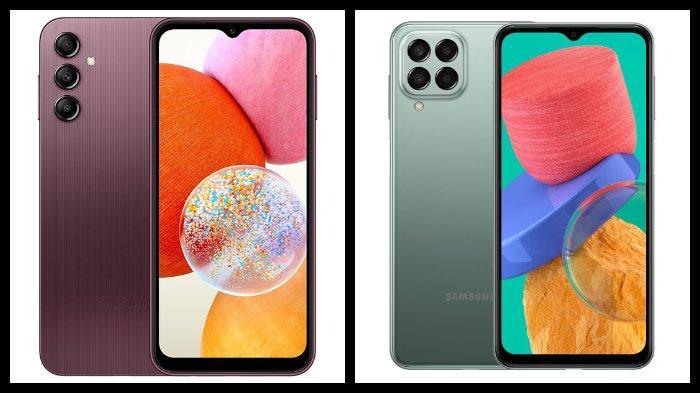 Samsung Galaxy A14 LTE (warna Dark Red) dan Samsung Galaxy M33 5G (warna Green)