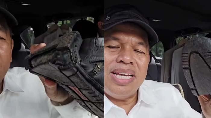 Sepatu Gubernur Jabar terpilih Dedi Mulyadi sampai patah setelah ikut baris berbaris dalam persiapan pelantikan kepala daerah di Istana Negara, Jakarta Pusat
