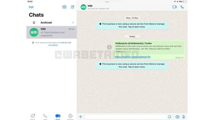 Tampilan WhatsApp versi iPadOS yang tengah dalam uji coba