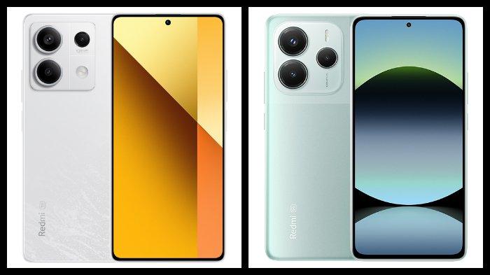 Kolase ilustrasi Xiaomi Redmi Note 13 5G warna Arctic White vs Xiaomi Redmi Note 14 5G warna Coral Green