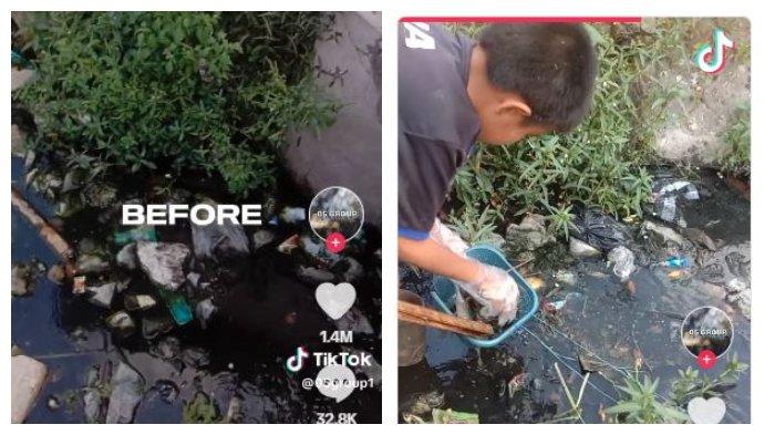Tangkap layar video viral sekelompok bocah melakukan aksi bersih-bersih selokan di sekitar tempat tinggal. Mereka terinspirasi Pandawara Group.