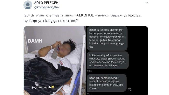 Viral beredar foto Arlo, diduga korban geng anak Vincent Rompies, Geng Tai sedang terbaring di ranjang rumah sakit. Terlihat remaja tersebut tengah memegangi botol miras vodka