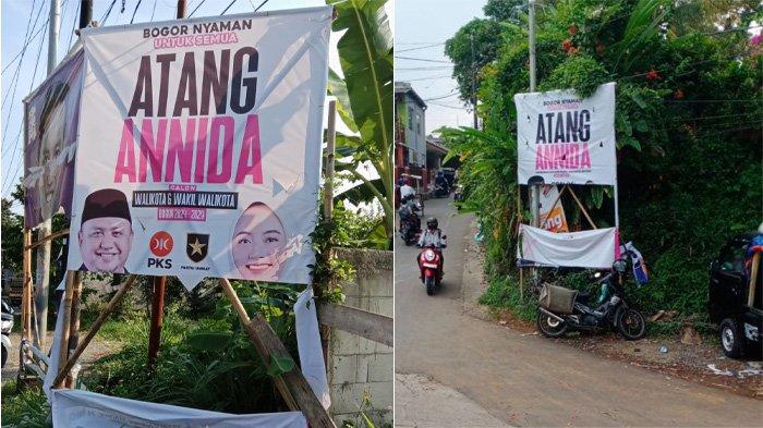 Baliho bergambar pasangan Atang-Annida yang terpasang di beberapa lokasi di Kota Bogor dirusak orang tak dikenal (OTK).