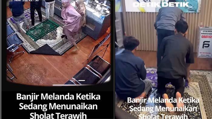 VIRAL MOMEN BANJIR: Tangkapan layar momen banjir masuk ruko saat pegawai sedang sholat tarawih di kawasan Kota Depok, Senin (4/3/2025). Viral detik-detik air banjir masuk ke dalam ruko saat pegawai sedang sholat tarawih. Sikap tenang korban yang tetap sholat meski banjir tuai pujian.