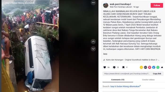 BAYI HILANG MISTERIUS: Tangkapan layar bus kecelakaan di Padang Lawas pada Minggu (6/4/2025). Misteri hilangnya bayi usia 6 bulan setelah mobilnya terjun ke sungai sepulang mudik tengah viral. Orang tua korban kini merana menantikan sang anak.